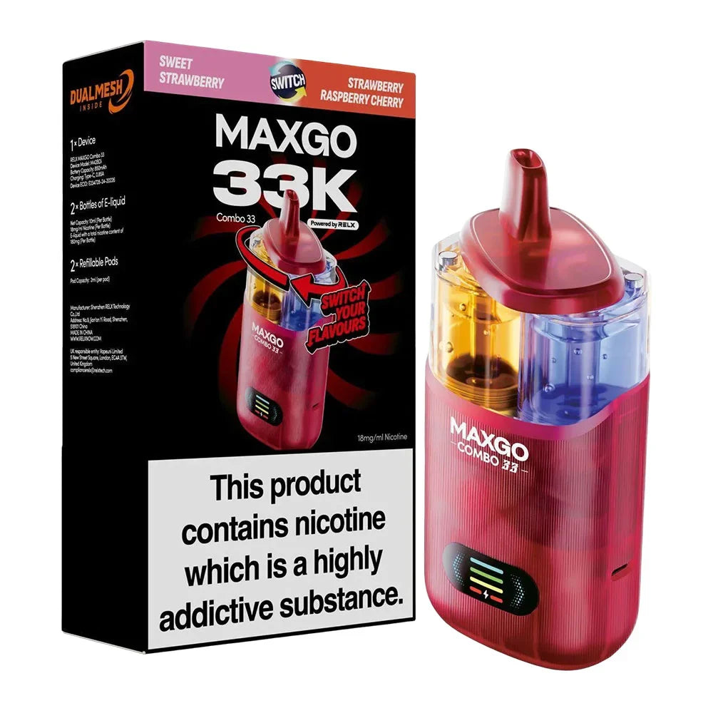 Relx Max-Go 33K Puffs Pre-Filled Pod Kit - Zesty Sweet Edition: Sweet Strawberry & Cherry Ice