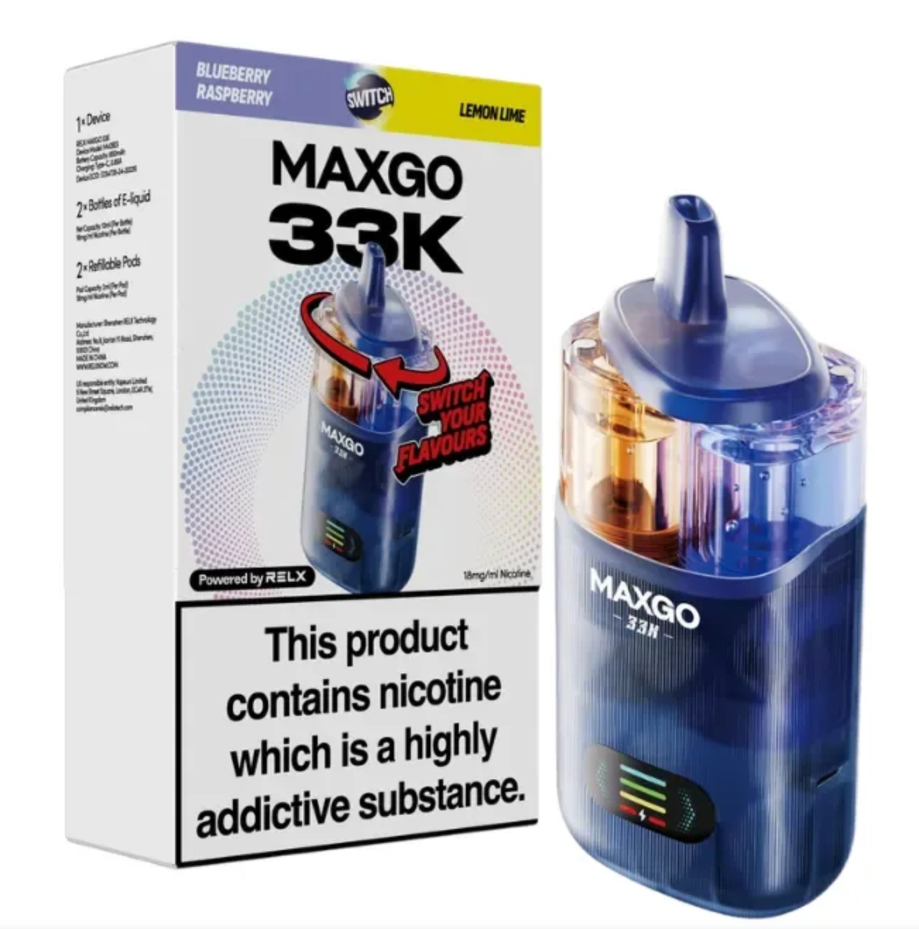 Relx Max-Go 33K Puffs Pre-Filled Pod Kit - Blueberry Raspberry & Lemon and Lime