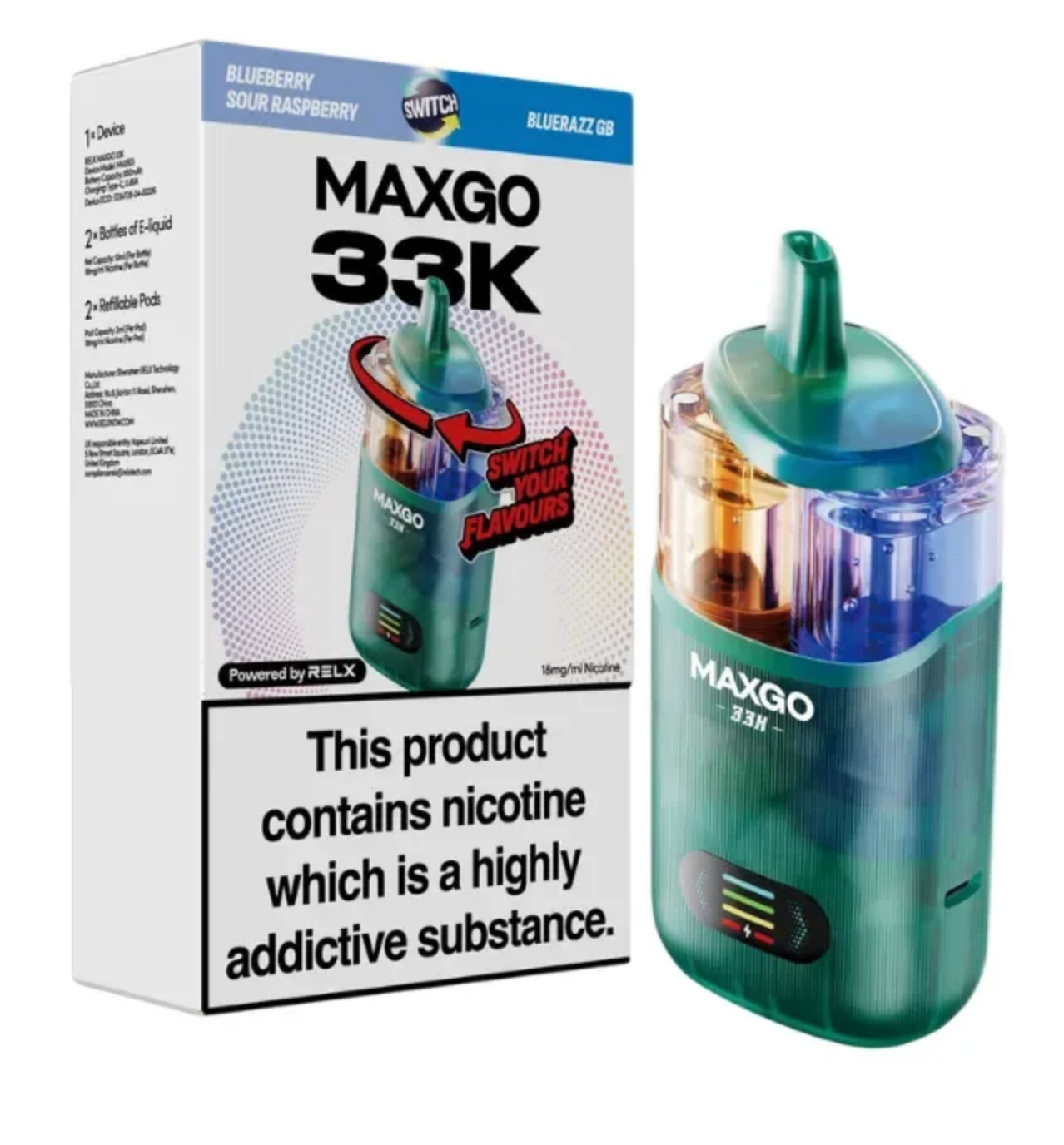 Relx Max-Go 33K Puffs Pre-Filled Pod Kit - Blueberry Sour Raspberry & Bluerazz GB
