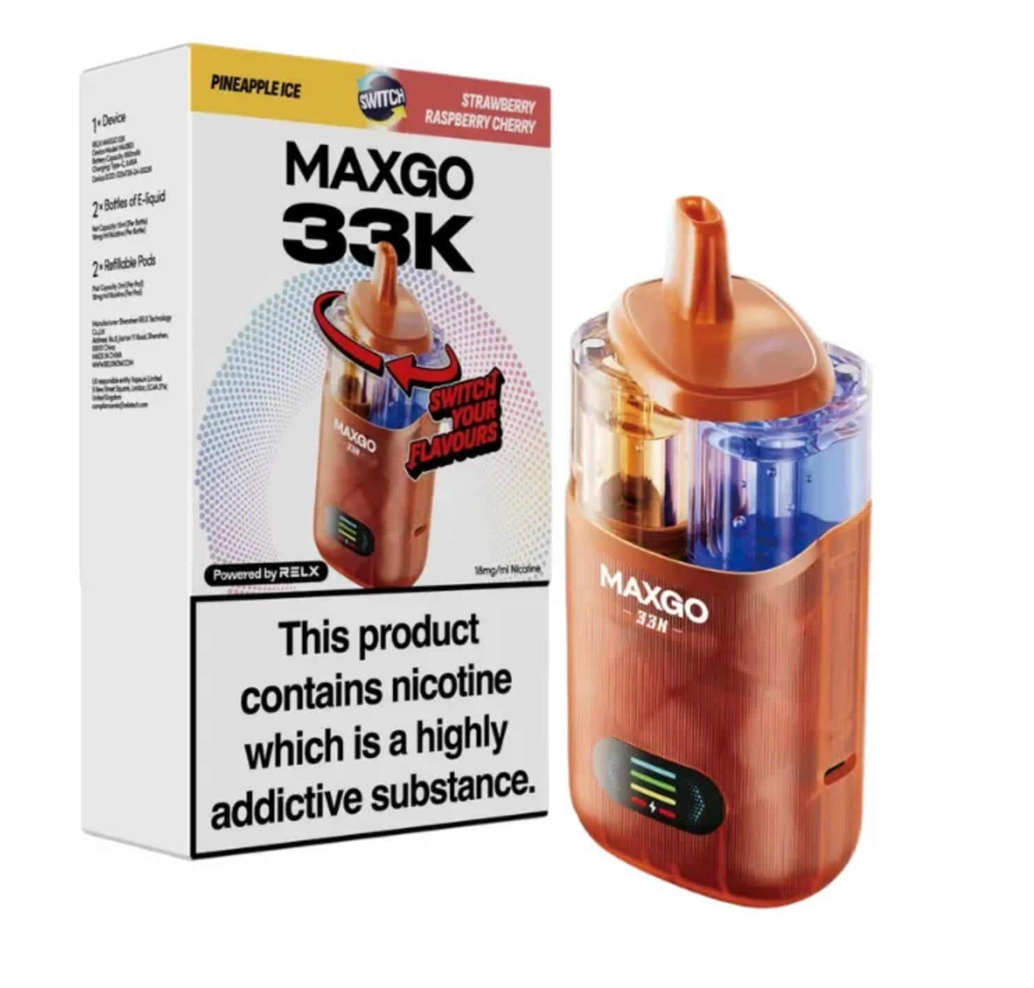 Relx Max-Go 33K Puffs Pre-Filled Pod Kit - Pineapple Ice & Strawberry Raspberry Cherry