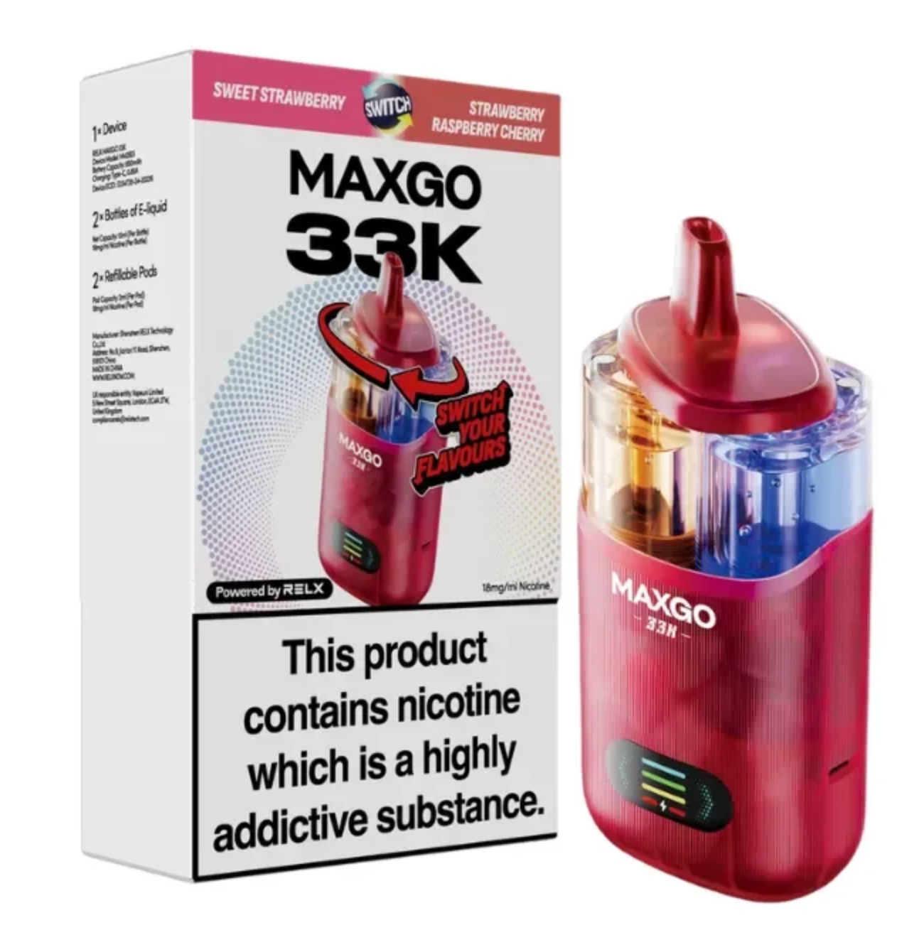 Relx Max-Go 33K Puffs Pre-Filled Pod Kit - Strawberry Raspberry Cherry & Sweet Strawberry