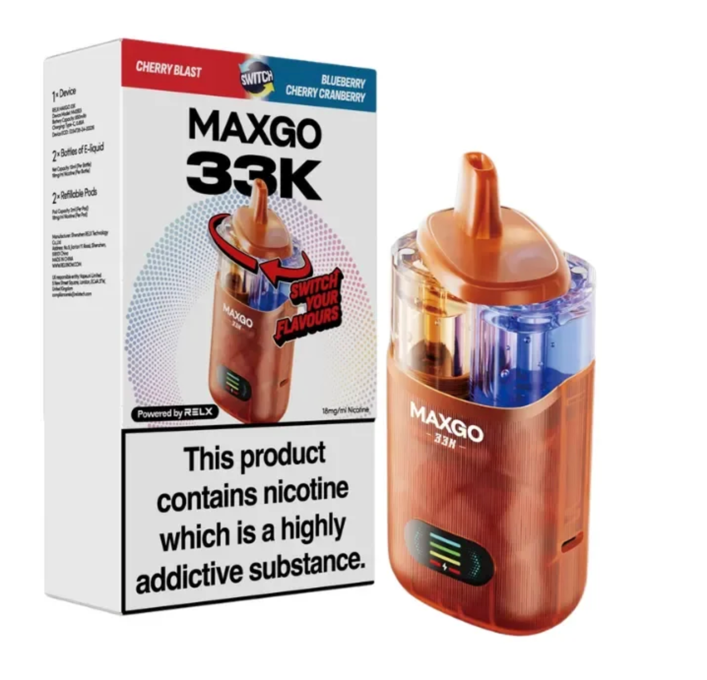 Relx Max-Go 33K Puffs Pre-Filled Pod Kit - Cherry Blast & Blueberry Cherry Cranberry