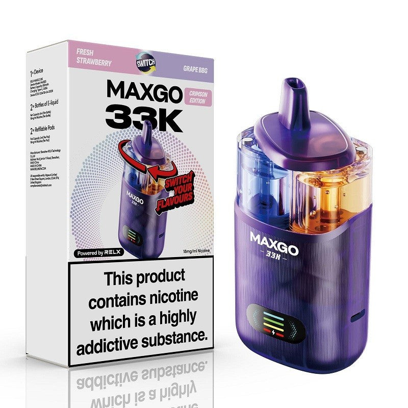 Relx Max-Go 33K Puffs Pre-Filled Pod Kit - Crimson Edition: Fresh Strawberry & Grape BBG